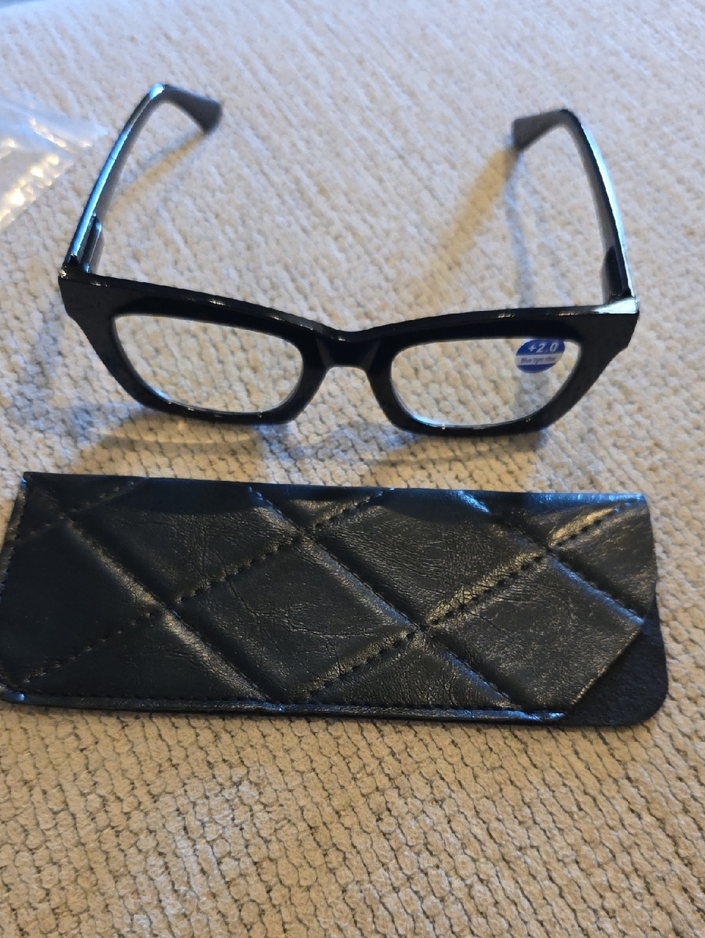 Black Rectangular Reading Glasses with Quilted Sleeve